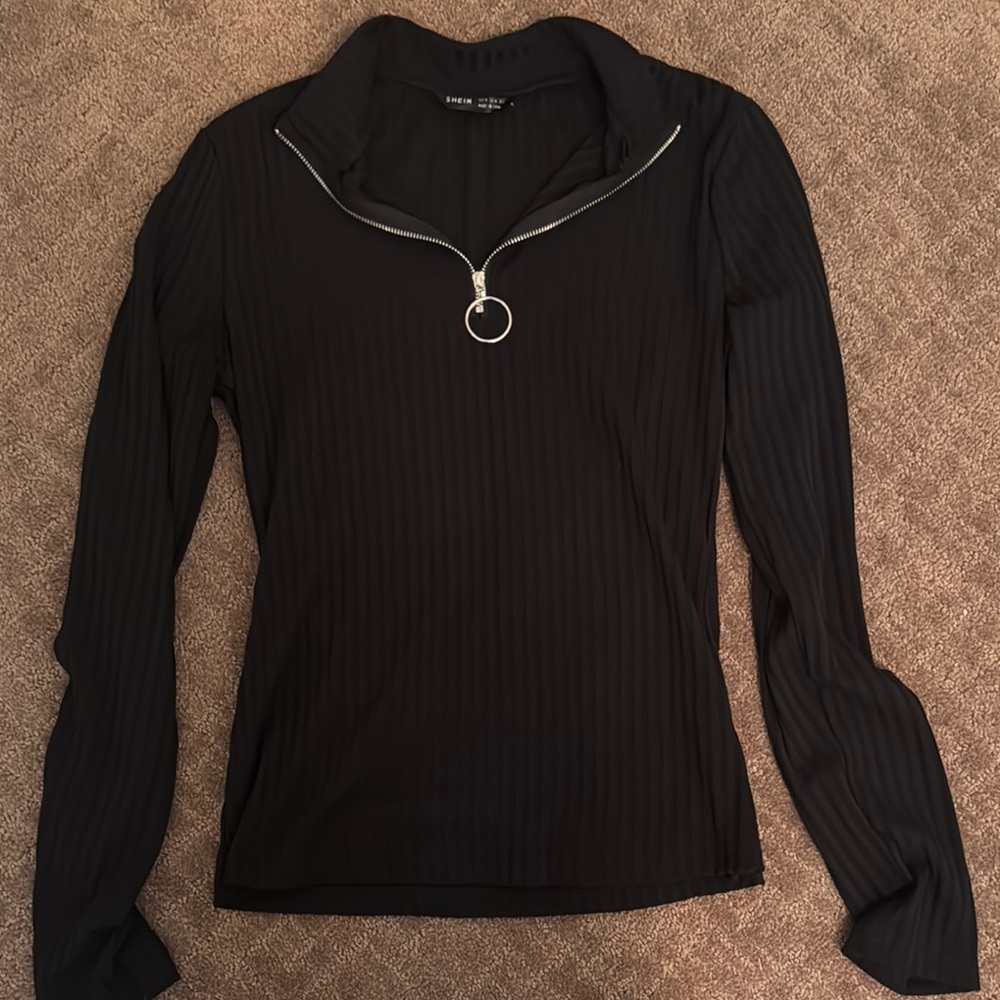 SHEIN Partial Zip Black Long Sleeve Top Size Medium